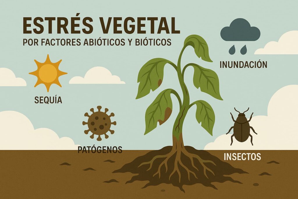 infografía sobre estrés vegetal causado por factores abióticos como sequía e inundación, y factores bióticos como patógenos e insectos - ross